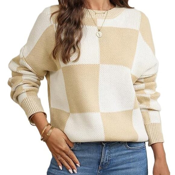 Evaless Women's Classic Long Sleeve Sweater White Beige Color Block Medium - Picture 1 of 5